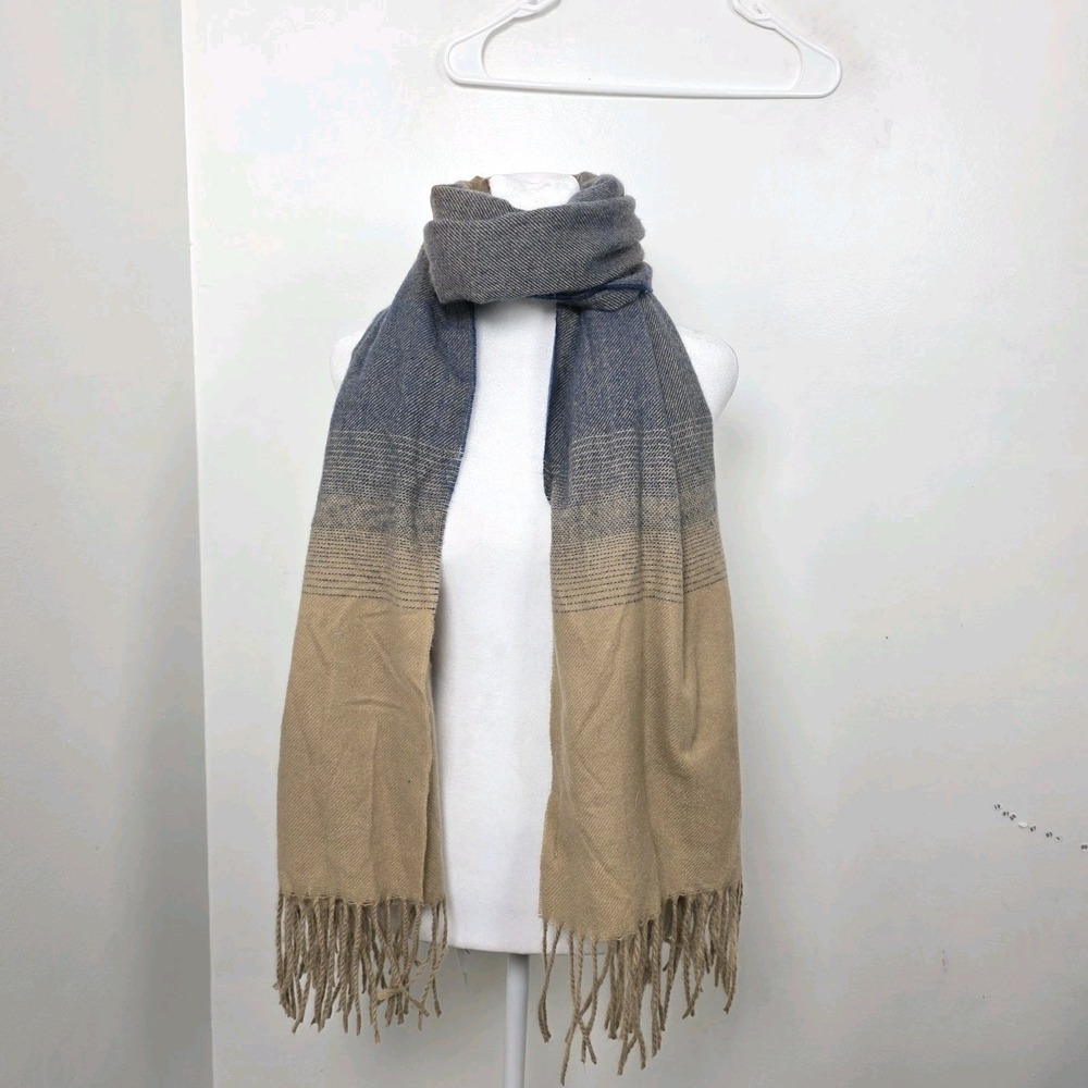 Quagga‎ Tan Navy Soft Cozy Rectangle Outdoor Layering Winter Warm Fringe Scarf
